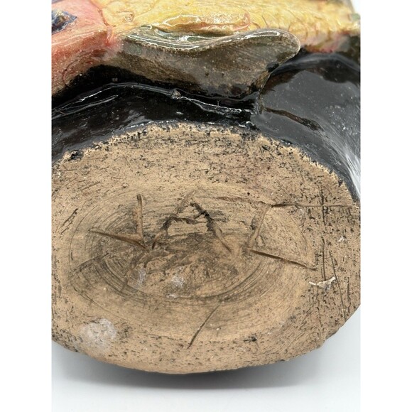 Vintage Handmade Pottery Vase 3D Koi Fish Design Signed Black Glaze Studio Art - Picture 3 of 7